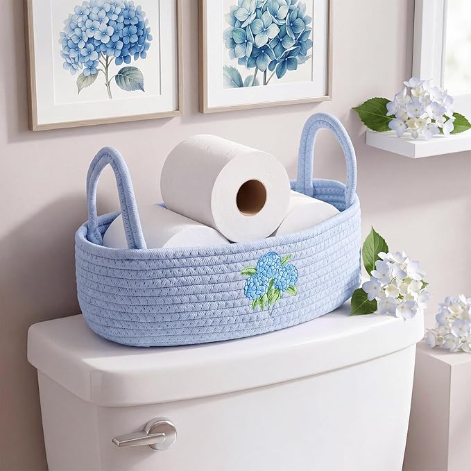Vesici Hydrangea Toilet Paper Basket Boho Woven Cotton Rope Bathroom Countertop Organizer with Handle Blue Hydrangea Bathroom Storage Decor for Toilet Closet Bedroom Nursery, 13 x 6 x 4 Inch