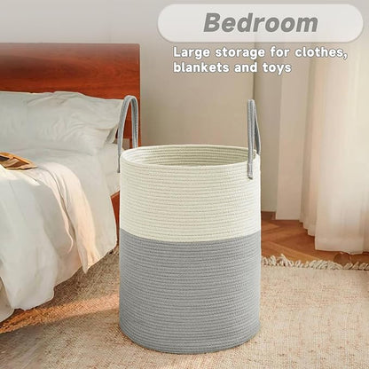 JMvicyroam Large Woven Laundry Basket Hamper,80L Cotton Rope Storage Bin for Blankets,Toys and Clothes,Decorative Tall Nursery Hamper for Living Room,Baby Nursery,Bathroom and Bedroom,White and Grey