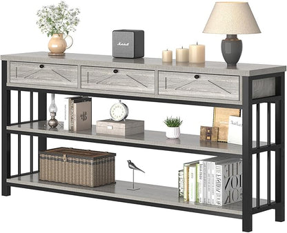 HSH Sofa Table with 3 Drawers, 55" Entryway Table with Storage Shelf, Console Table with Drawers Behind Couch for Living Room, Farmhouse Wood Metal Front Door Table for Entry Hallway, Light Grey Oak
