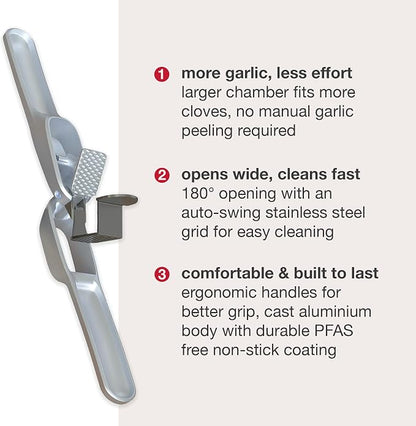Zyliss Susi 4 Garlic Press - Garlic Crusher for Efficient Mincing - Odor-Free Hands - Large Chamber Made of Durable Stainless Steel - Mess-Free Kitchen Gadget - PFAS-Free Non-Stick Coating - Silver