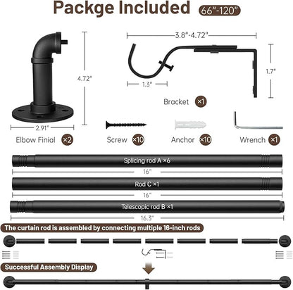 Zeerobee Curtain Rods for Windows 66 to 120, 1 Inch Industrial Wrap Around Black Curtain Rod, Indoor/Outdoor Room Divider Adjustable Drapery Pole, 66"-120"