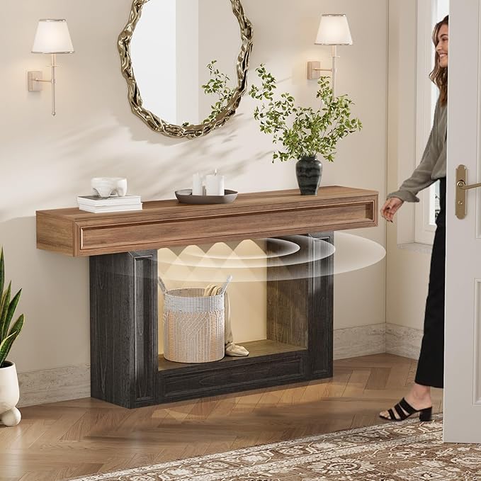Rresyet 63" Console Table, 2-Tier Entryway Table with Sensor Lights, Coffee Table Behind The Sofa, with U-Shaped Base Suitable for Entryways, Living Rooms, Corridors, and Foyers(Wood)