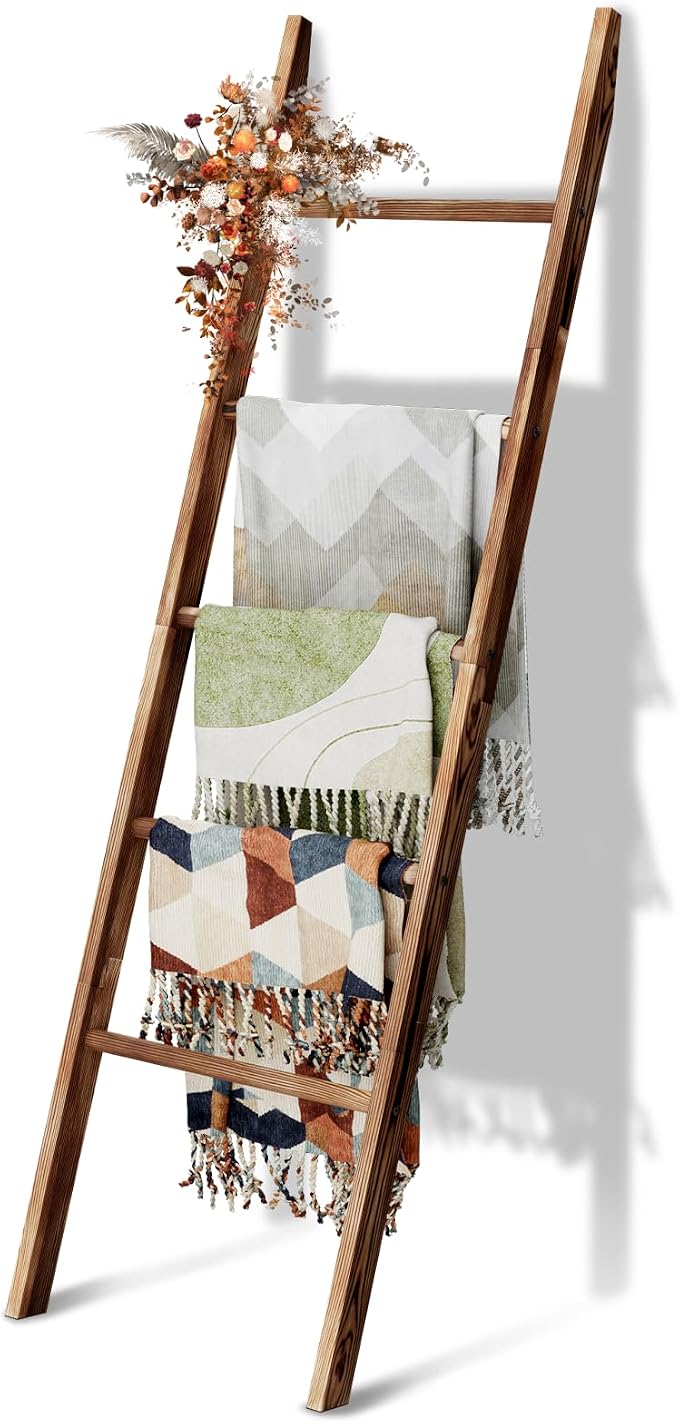 5-Tier Blanket Ladder Wooden, 5.3FT(63'') Blanket Quilt Holder Rack Decorative Ladders, Easy Assembly, Rustic Farmhouse Ladder Shelf for The Living Room Bedroom Bathroom Home Decor, Brown