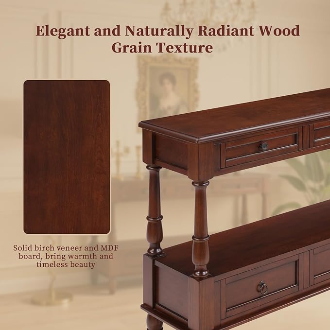 Vintage Solid Wood Console Table with 6 Drawers - 54" Hallway Sofa Table with Bottom Shelf for Entrance, Living Room & Foyer, Cherry