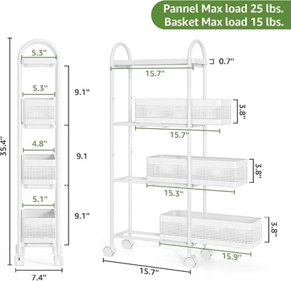 KINGRACK 4-Tier Slim Storage Cart with 3 Pull Out Basket, Rolling Bathroom Organizer Utility, Metal Shelving Unit Slide Out, Lockable Wheels, Easy Assembly for Narrow Place, Kitchen, Office, White