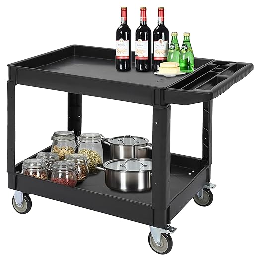Utility Cart on Wheels, 500 lbs Capacity, 45 x 25 Inch Rolling Work Carts with Storage Handle, 2 Shelf Plastic Service Cart Suitable for Warehouse, Garage, School & Office, Cleaning, Black