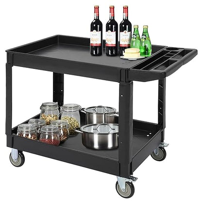 Utility Cart on Wheels, 500 lbs Capacity, 45 x 25 Inch Rolling Work Carts with Storage Handle, 2 Shelf Plastic Service Cart Suitable for Warehouse, Garage, School & Office, Cleaning, Black