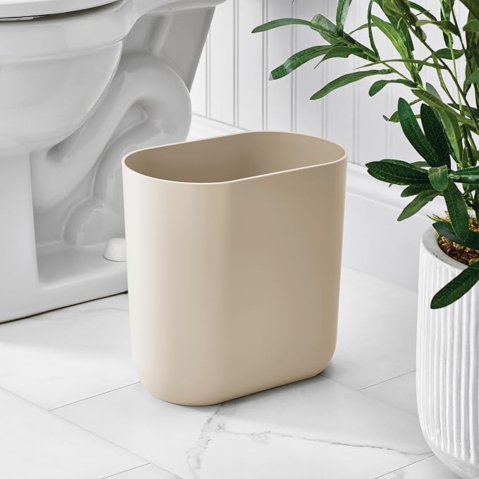 iDesign Small Slim Plastic Bathroom Trash Can, Garbage Can for Bedroom, Office, Desk, Dorm, Brown