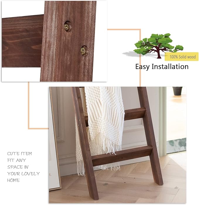 FUIN 5ft (58") Wood Blanket Ladder Living Room Decorative Wall Leaning Farmhouse Quilt Display Holder Rustic Wooden Towel Rack for Bathroom, Brown