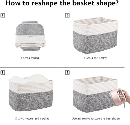 OIAHOMY 4 Pack Storage Basket, 13"x9"x7.8" Cotton Rope Baskets for Shelves, Closet Organizer for Bedroom & Living Room, Soft Decorative Bins for Organizing Towels, Books & Toys, Grey & White
