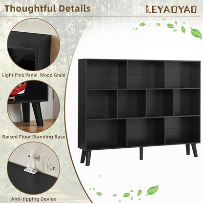 LEYAOYAO 10 Cube Bookshelf, 3 Tier Vintage 55" Wide Bookcase with Legs, Mid-Century Wood Bookshelves Storage, Black Large Book Case, Freestanding Organizer Display Shelf for Living Room, Office