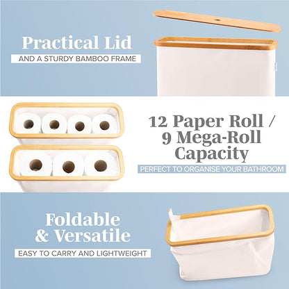 LONBET Toilet Paper Storage for 12 Rolls, Stackable & Foldable - The Ultimate Bathroom Organizer - Waterproof Basket with Bamboo Lid - Elegant Toilet Paper Storage Holder, Beige