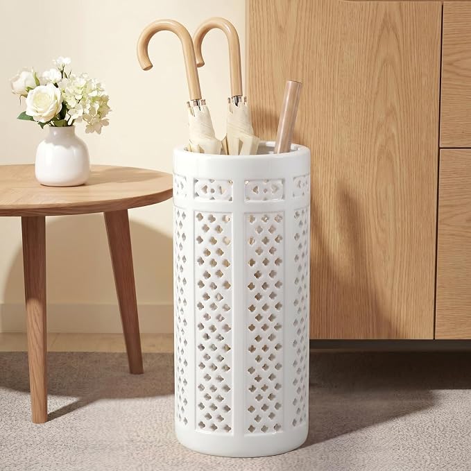 Sawysine White Ceramic Umbrella Stand with Hollow-out Design Heavy Porcelain Umbrella Holder for Entryway 17" Heavy Porcelain Holder for Umbrellas Canes Home Decor Walking Sticks