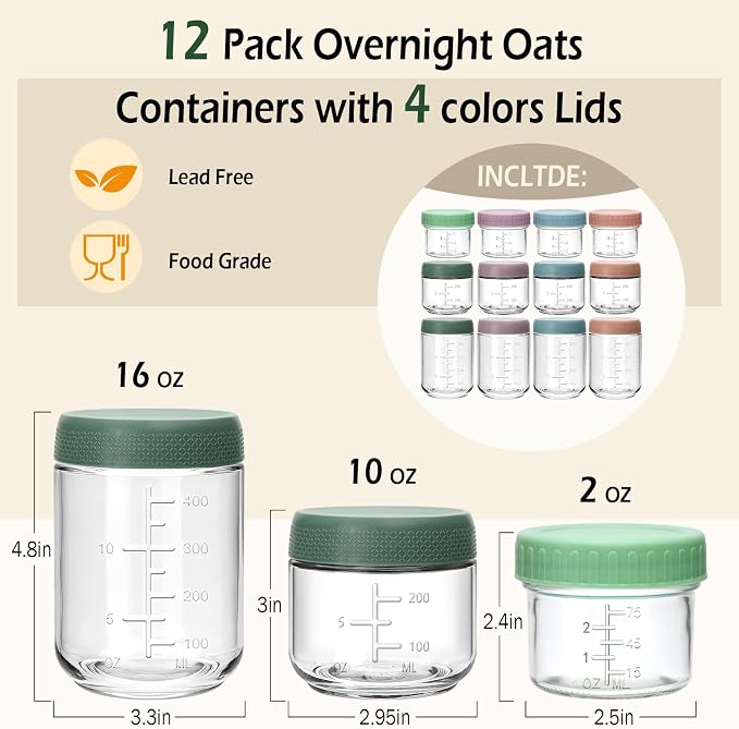 12 Pack Overnight Oats Containers with Lids, 16oz/10oz/4oz Glass Jars with Airtight Lids, Wide Mouth Mason Jars, Reusable Food Storage Containers for Oats, Chia Pudding, Salad, Spice, Meal Prep