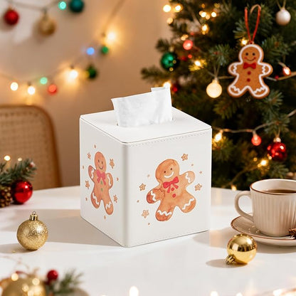 JLAMBOM PU Leather Tissue Box Cover Square Tissue Box Holder with Magnetic Closure, Decorative Tissue Holder for Bathroom Bedroom Office (Gingerbread Man)