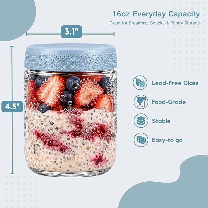 Glass Overnight Oats Containers with Airtight Lids, Decorative Mason Jars | Glass Food Storage Containers for Meal Prep, Chia Seed Pudding, Salad, Snacks, Yogurt, 6 pack16oz, Wide Mouth,Dishwasher Safe