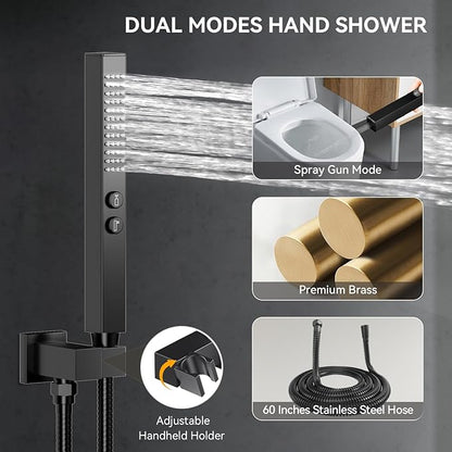 Shower System with Body Jets, Bostingner Four Modes Shower Faucet 10+6" Rain Shower Head with Handheld Spray 2 Ways, 4Pcs Shower Jets System in Wall Shower Faucet Sets Complete, Matte Black