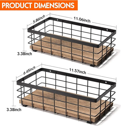 TJ.MOREE 2-Pack Small Metal Wire Basket, Decorative Wood Base Organizer for Bathroom, Kitchen, Basket for Toilet Paper Storage, Sugar Packet, Coffee Syrup, Guest Towel, Napkin