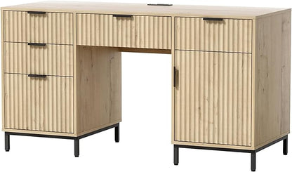 55" Large Fluted Executive Desk with File Drawer, Computer Desk with Storage and Charging Station, Modern Wooden Home Office Desk for Workspace, Writing, Study, Light Oak