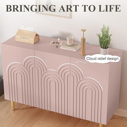 ARTPOWER 47" Accent Cabinet with Cloud Relief, Sideboard Buffet Cabinet with 3 Doors, Modern Decorative Credenza with Storage for Living Room, Kitchen, Dining Room, Hallway, Entryway, Pink