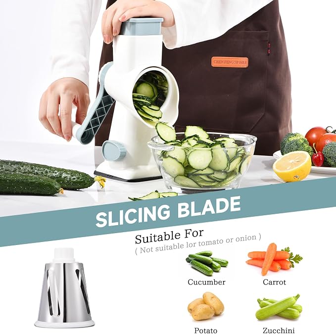 Rotary Cheese Grater with Handle Kitchen Shredder Slicer Grater Slicer Ice Shaver Cheese Vegetable Nuts Potato Zucchini Chocolate 3 Interchangeable Blades (WhiteBlue)