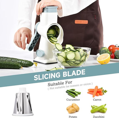 Rotary Cheese Grater with Handle Kitchen Shredder Slicer Grater Slicer Ice Shaver Cheese Vegetable Nuts Potato Zucchini Chocolate 3 Interchangeable Blades (WhiteBlue)