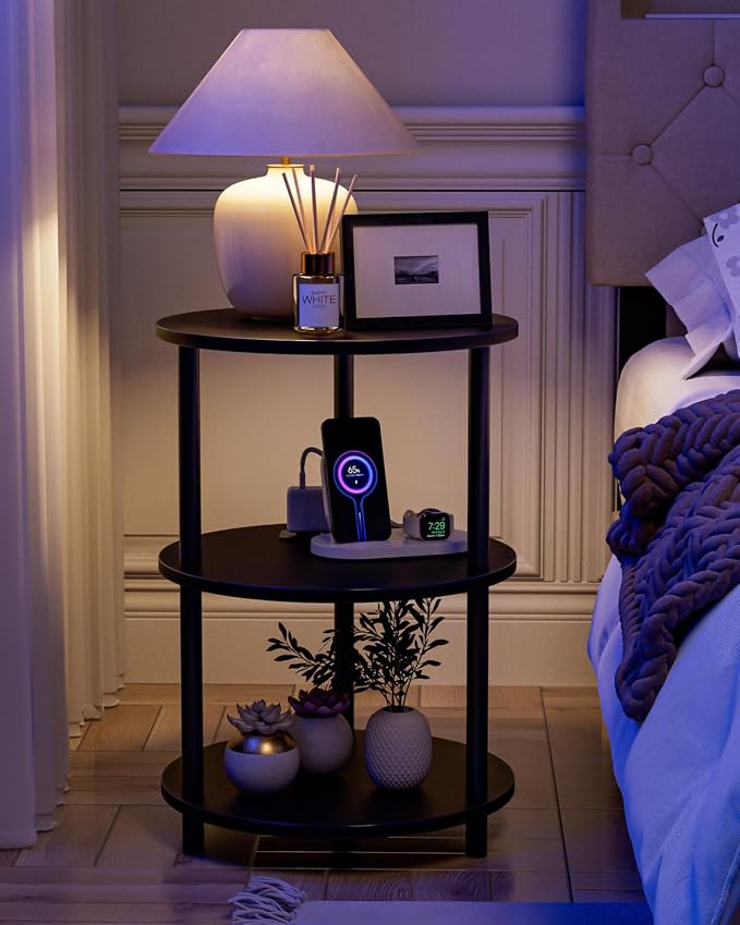 XBurmo Small Round End Table - 3 Tier Design Accent Table, Narrow Side or Bedside Stand, Industrial Vintage Table for Small Spaces, Built-in USB Ports and Power Outlet, Charcoal Wenge