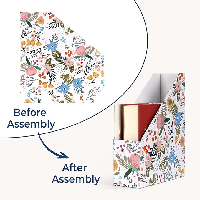 EXYGLO 12 Pack Magazine File Holder, Cardboard Magazine Rack with Label, Foldable Storage Organizer Box for Book, Documents, Floral Design, 9.9x3.3x12 Inches