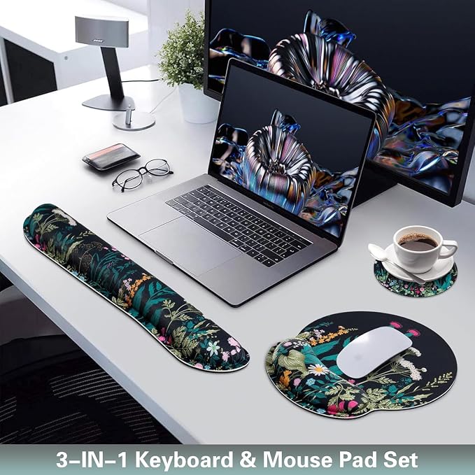 Mouse Pad with Wrist Rest Set, Qomolama 3-in-1 Wrist Support Mouse Pad Set, Floral Gaming Mousepad with Anti-Skid Base,Ergonomic Mouse Pad,Memory Foam Keyboard Gel Wrists Rest
