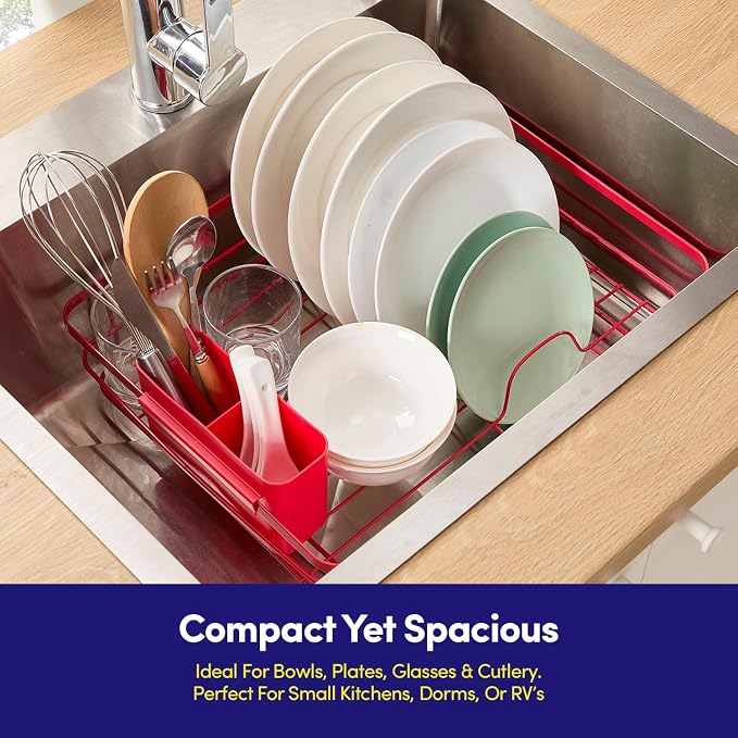 Dish Drying Rack 3 Piece Dish Drainer with Drainboard Set for Kitchen Counter ✅– Dish Rack with Removable Utensil Holder & Swivel Spout for Countertop ✅– DishRack for Plates, Cups & Organization, Red