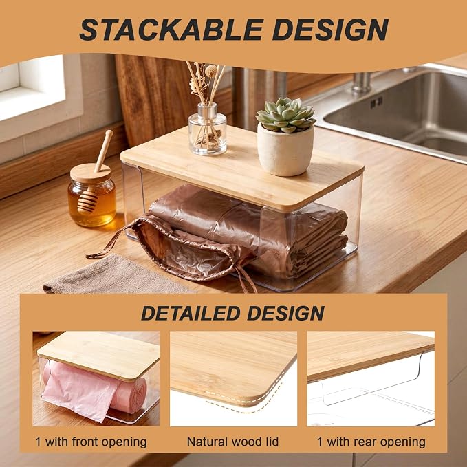 1 Pack Trash Bag Holder, Stackable Garbage Bag Dispenser with Lid | Clear Plastic Organizer with Bamboo Lid, Space-Saving Under Sink Storage for Kitchen, Laundry Room, Pantry & Cabinet