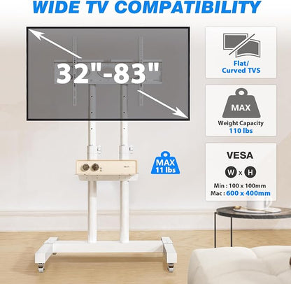 Rfiver Mobile TV Cart Rolling TV Stand for 32-83 Inch Screen Flat/Curved TVs up to 110lbs, Tilt and Height Adjustment Portable TV Stands on Wheel with Laptop Shelf, Outdoor TV Stand MAX VESA 600x400mm