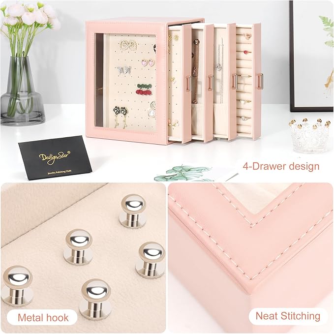 DesignSter Jewelry Box Organizer, Jewelry Box for Women, PU Jewelry Organizer Display Case with Side Drawers, Jewelry Storage for Earring Necklace Ring Bracelet Watch
