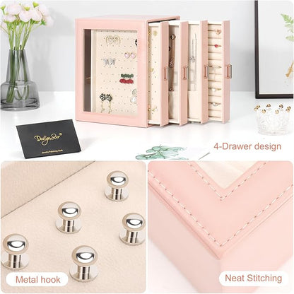 DesignSter Jewelry Box Organizer, Jewelry Box for Women, PU Jewelry Organizer Display Case with Side Drawers, Jewelry Storage for Earring Necklace Ring Bracelet Watch
