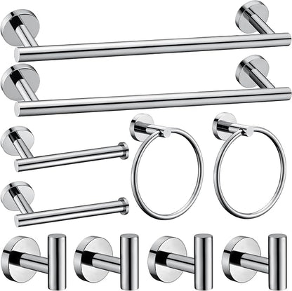 10 Pieces Polished Chrome Bathroom Hardware Accessories Set,Hand Towel Ring,16 inch Towel Bar,Toilet Paper Holder,4pcsTowel Hooks,Round SUS304 Stainless Steel Heavy Duty Wall Mount Holder,Towel Rack