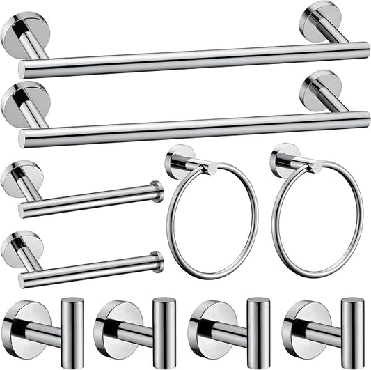 10 Pieces Polished Chrome Bathroom Hardware Accessories Set,Hand Towel Ring,16 inch Towel Bar,Toilet Paper Holder,4pcsTowel Hooks,Round SUS304 Stainless Steel Heavy Duty Wall Mount Holder,Towel Rack