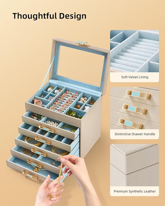 Vee Jewelry Box,6 LayerJewelry Organizer,Jewelry Case with Glass Lid,for Necklaces, Earrings, Watches, Bracelets (6 Levels Grey)