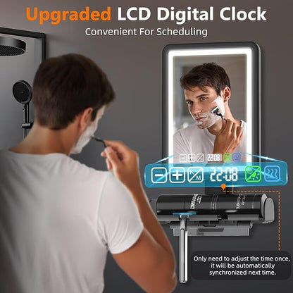 Shower Mirror Fogless for Shaving, LED Heated Rechargeable Fogless Mirror for Shower with Digital Clock & Storage Tray, 3 Color Lighting, Dimmable Touch Screen, Anti-Fog Shaving Mirror for Shower