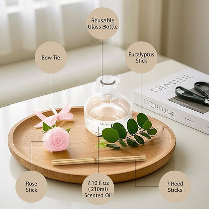 Saussavita Reed Diffusers Set, 7.10 oz Rose Water Scented Diffuser with 7 Sticks, Long Lasting Home Fragrance for 120 Days, Perfect for Bathroom, Shelf Decor, Air Fresheners
