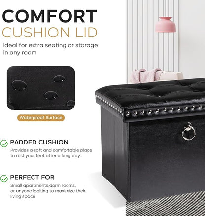 oakvivo Small Storage Ottoman Foot Rest Stool, 16x12x12 in Foldable Leather Footstool Storage Bench with Rivet Design, Thicker Foam Padded Seat, Footrest Under Desk for Living Room Bedroom, Black