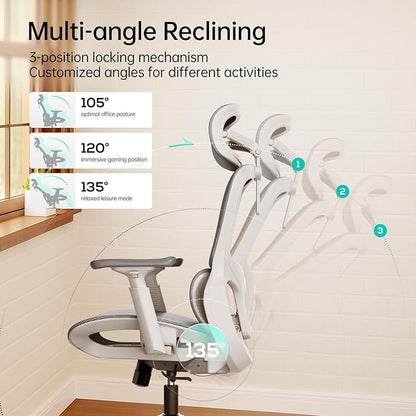 Hbada P2 Ergonomic Office Chair, Office Chair with 3D Lumbar Support, Mesh Chair with 3D 360° Rotation Arms, 3D Headrest & Comfortable Seat, 135° Stepless Tilt Function, White