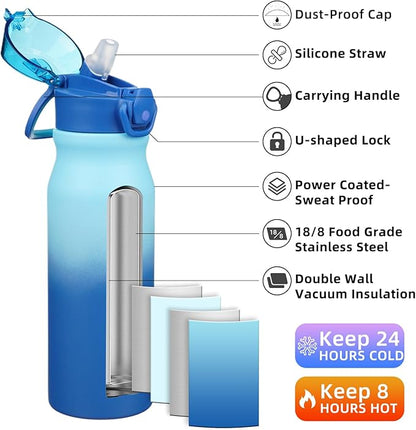 BJPKPK Insulated Water Bottle 25oz Stainless Steel Water Bottles with Straw and Carry Handle Double Wall Metal Thermal Flask,Sky
