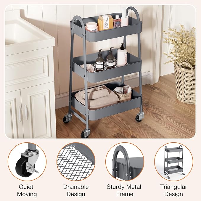 NEWBULIG 3-Tier Metal Rolling Cart with Lockable Wheels, Heavy Duty Mobile Utility Storage Shelf, Roller Book Snack Cart, Grey