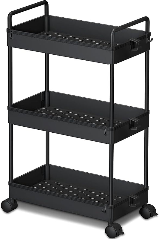 Ronlap 3 Tier Slim Rolling Storage Cart with Wheels Plastic Utility Cart Organizer for Snack Craft Art Postpartum Baby Diaper Nail Makeup in Bathroom Laundry Room Kitchen Bedside Narrow Space, Black