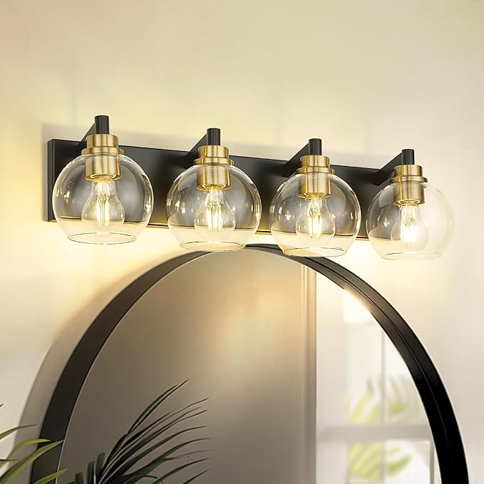 Bathroom Light Fixtures, 4-Light Black and Gold Bathroom Vanity Light, 26 Inch Modern Wall Sconces with Globe Clear Glass Shade, Vanity Lighting Fixtures Over Mirror, VL195-KG-4