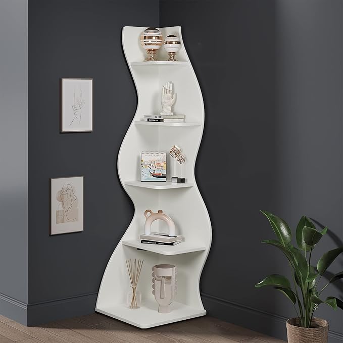 Tribesigns Corner Shelf, Modern 5-Tier Wall Corner Bookshelf, Stylish Corner Small Bookcase Storage Rack Plant Stand with Unique Shape for Living Room, Home Office (White, 1PC) | Stylish, Storage Rack, Plant Stand, Unique Shape, Living Room, Home Office