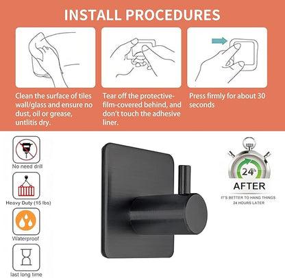 Black Adhesive Towel Hooks Heavy Duty Stick on Wall Hooks Shower Hooks for Bathroom Kitchen Door-4 Packs