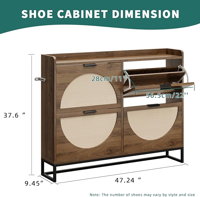 Shoe Storage Cabinet for Entryway Wooden Rattan Shoe Cabinet with 4 Flip Drawers Long Hidden Shoes Cabinet Storage with Metal Legs Narrow Shoe Rack Cabinet Shoes Organizer Cabinet for Hallway Oak