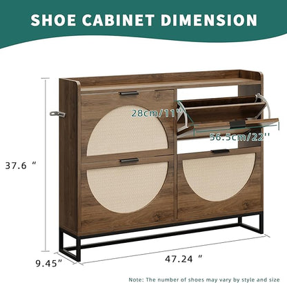 Shoe Storage Cabinet for Entryway Wooden Rattan Shoe Cabinet with 4 Flip Drawers Long Hidden Shoes Cabinet Storage with Metal Legs Narrow Shoe Rack Cabinet Shoes Organizer Cabinet for Hallway Oak