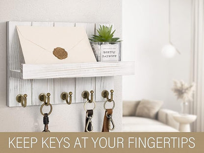 Rebee Vision Farmhouse Key Holder for Wall - Decorative Mail Organizer & Key Rack Wall Mount - Elegant 5 Sturdy Key Hooks with Floating Shelf for Living Room Decor (Whitewash, 3.54"D x 10"W x 7.28"H)